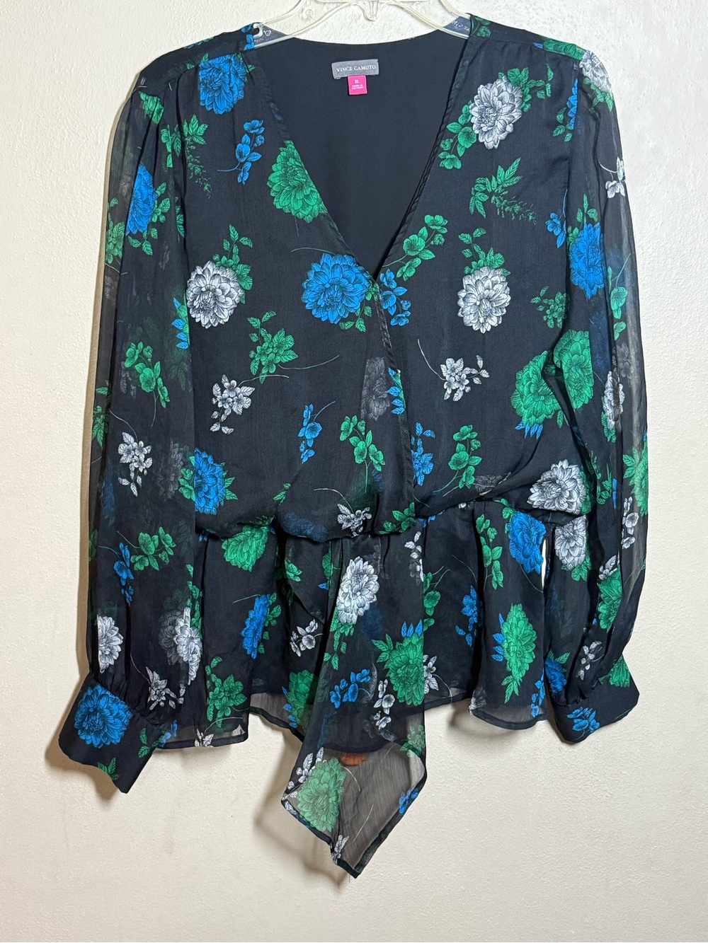 Women’s Vince Camuto Black Floral V-Neck Peplum Tie-Front Blouse Sz XL
